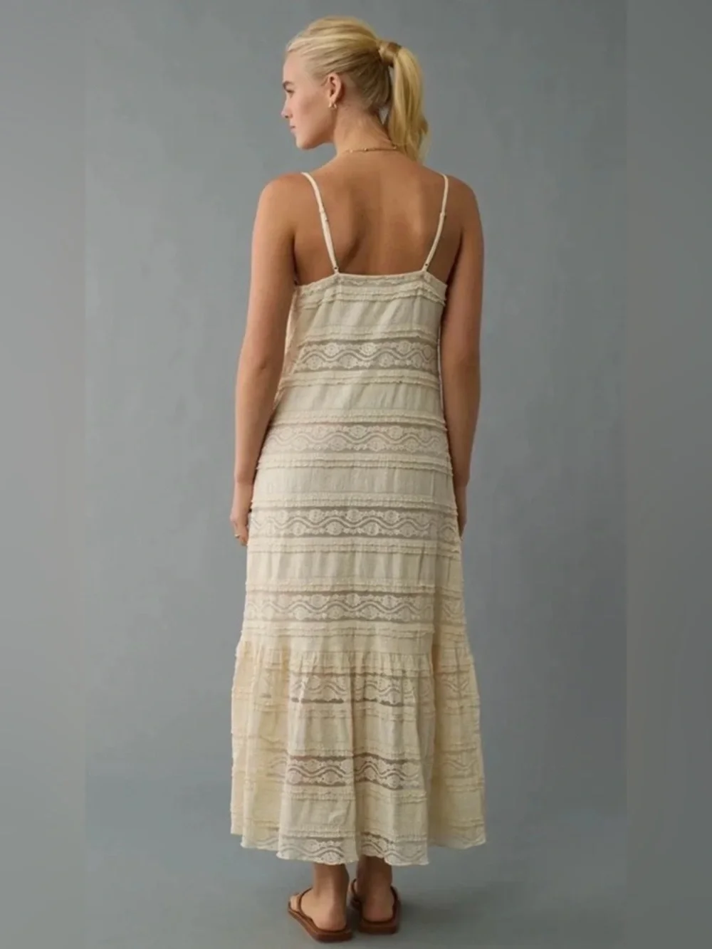 NWT American Eagle ($84.95Cad) Cream Lace V-Neck Tiered Midi to Maxi Dress - Picture 2 of 7